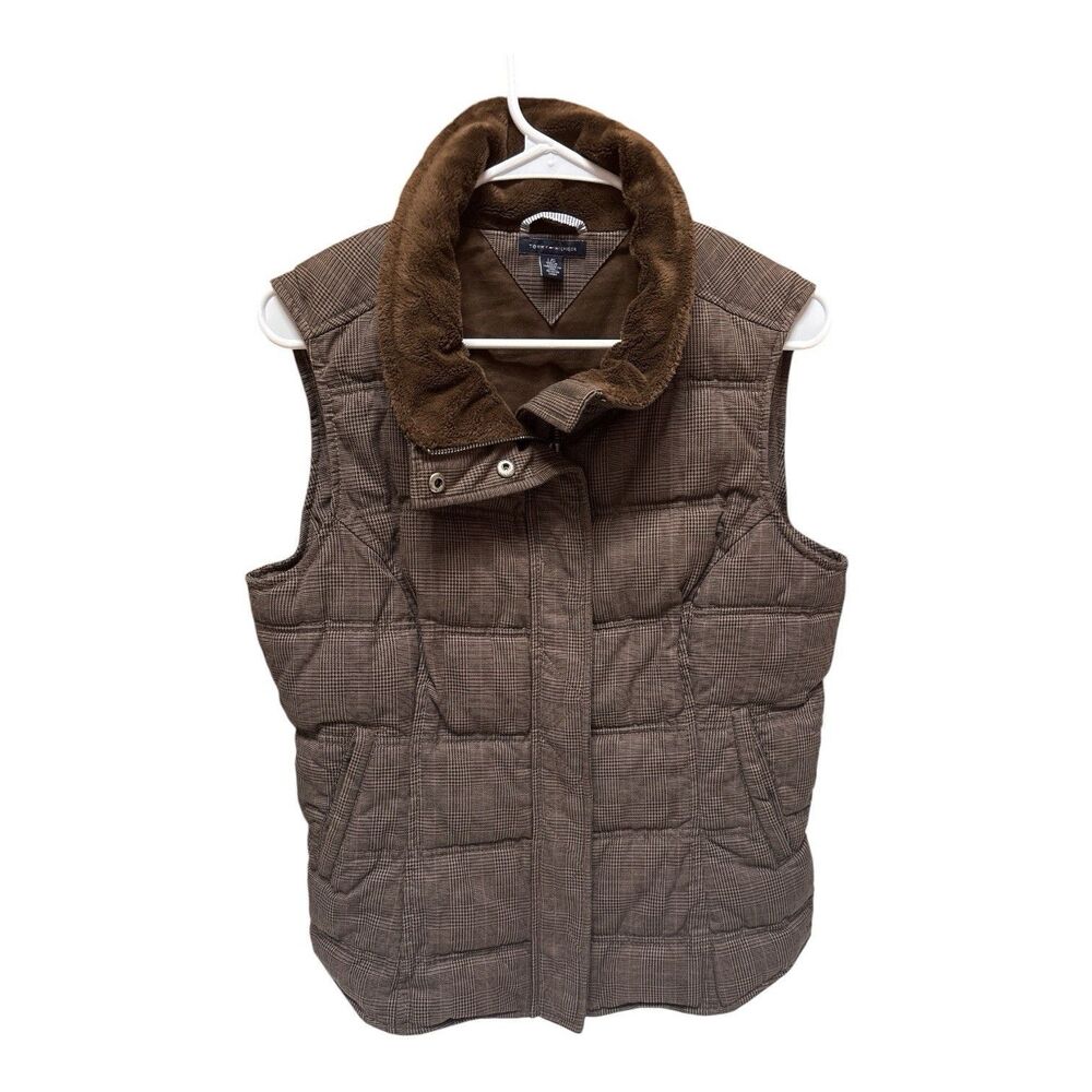 Tommy Hilfiger Women’s Quilted Brown Plaid Vest W/ Plush Collar Size Large